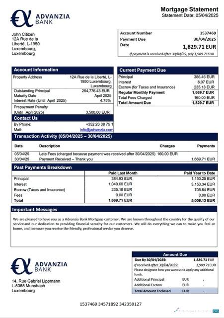 Download Luxembourg Advanzia Bank mortgage statement Word and PDF template Photoshop template